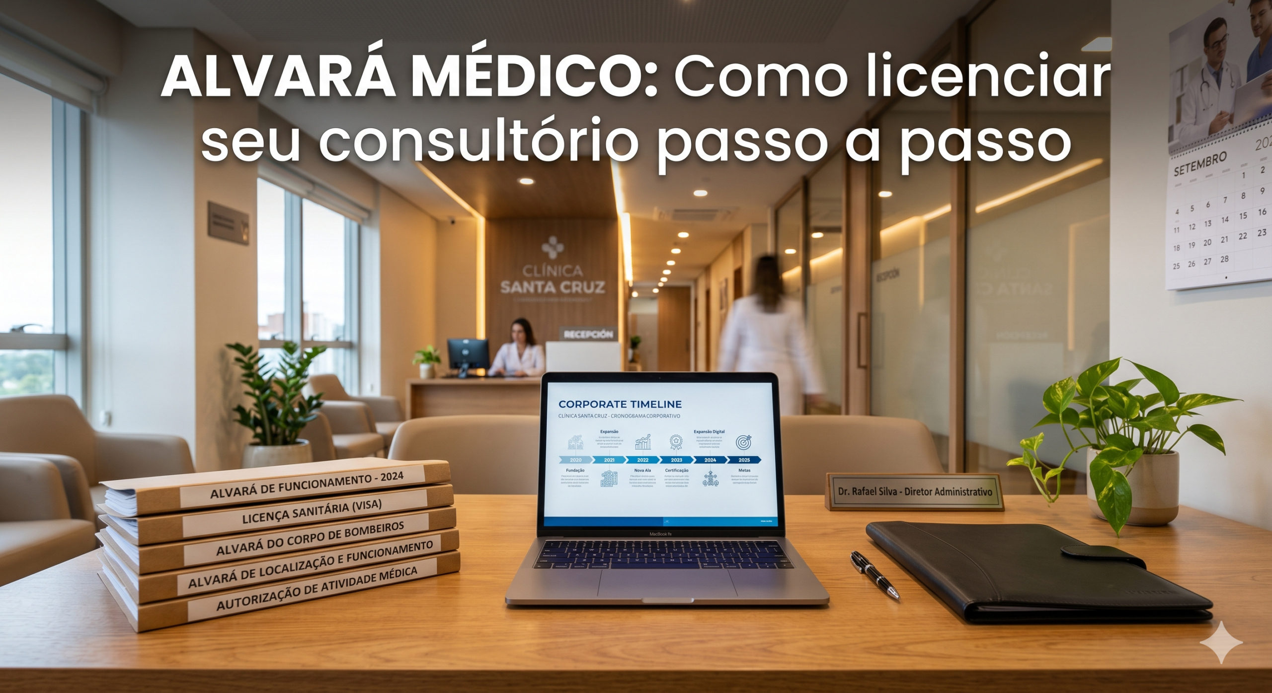 Médico gestor organizando pastas de documentos e alvarás oficiais sobre a mesa de uma clínica de saúde recém-inaugurada.