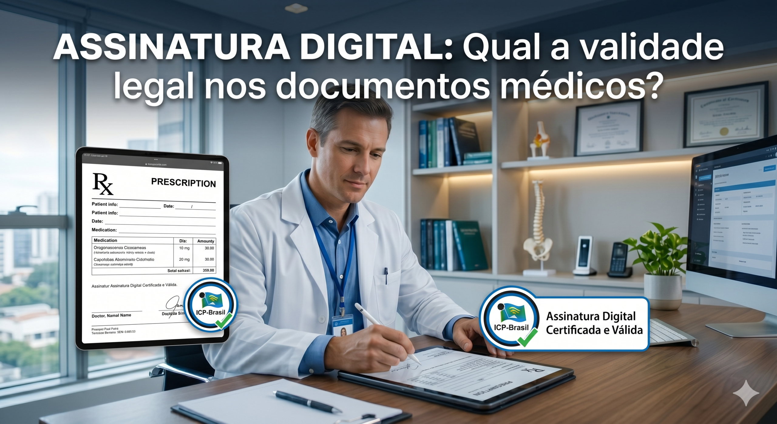Médico em seu consultório assinando digitalmente uma receita eletrônica em um tablet usando uma caneta stylus.
