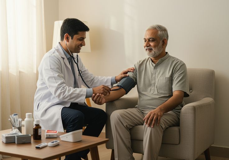 Médico em seu home office montado em casa realizando consulta de telemedicina no computador com prontuário eletrônico.