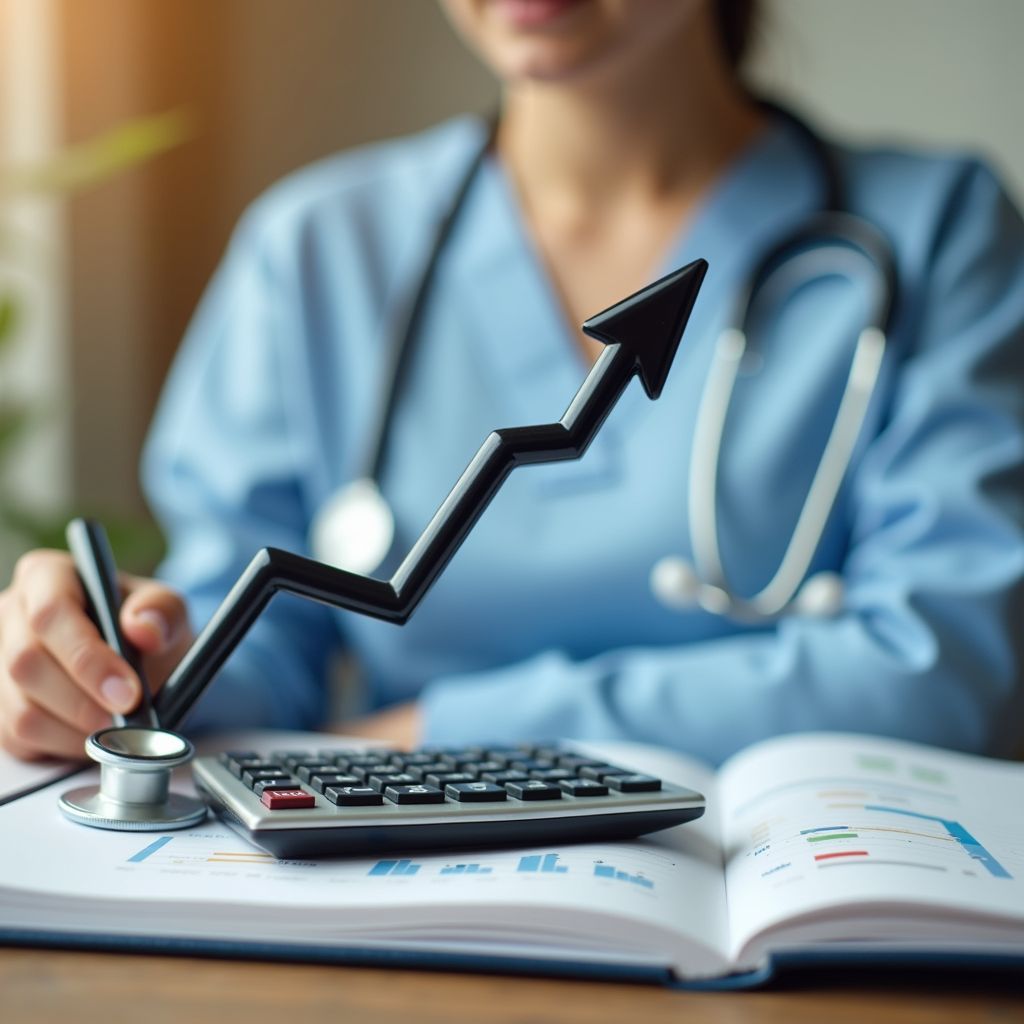 Médico em seu escritório analisando gráficos comparativos entre a retirada de Pró-Labore tributável e a Distribuição de Lucros isenta na tela do notebook.