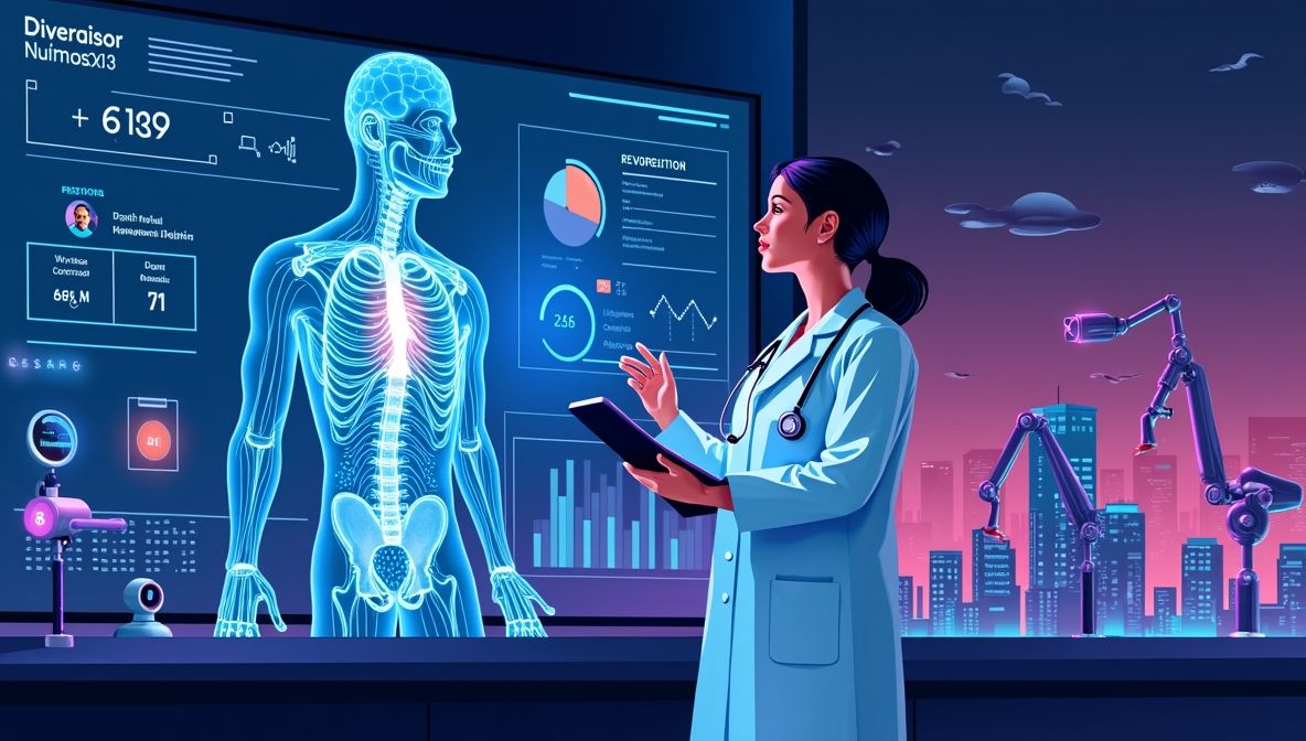 Médico radiologista comparando uma imagem de tomografia computadorizada analisada por IA com o prontuário clínico do paciente no monitor.