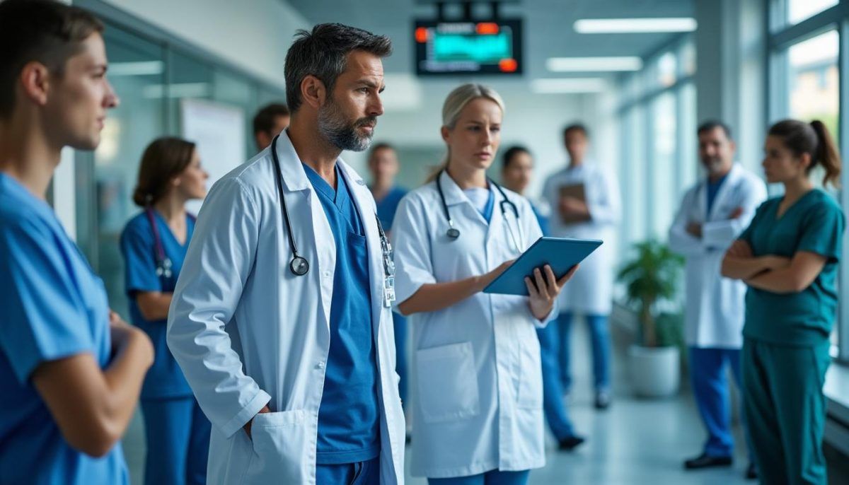 Médico em ambiente corporativo hospitalar elegante, de braços cruzados, representando a liderança e responsabilidade de um diretor clínico em 2026.