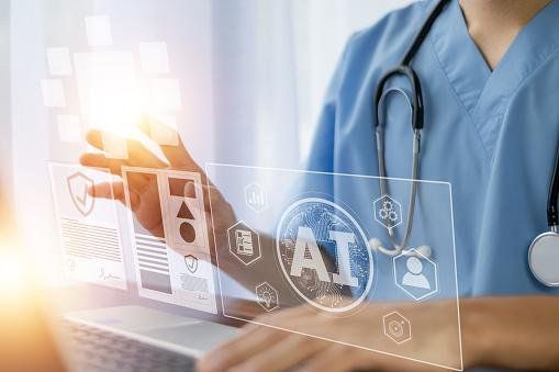 Médico pesquisador analisando artigos científicos e gráficos de evidência médica gerados por inteligência artificial na tela do computador.