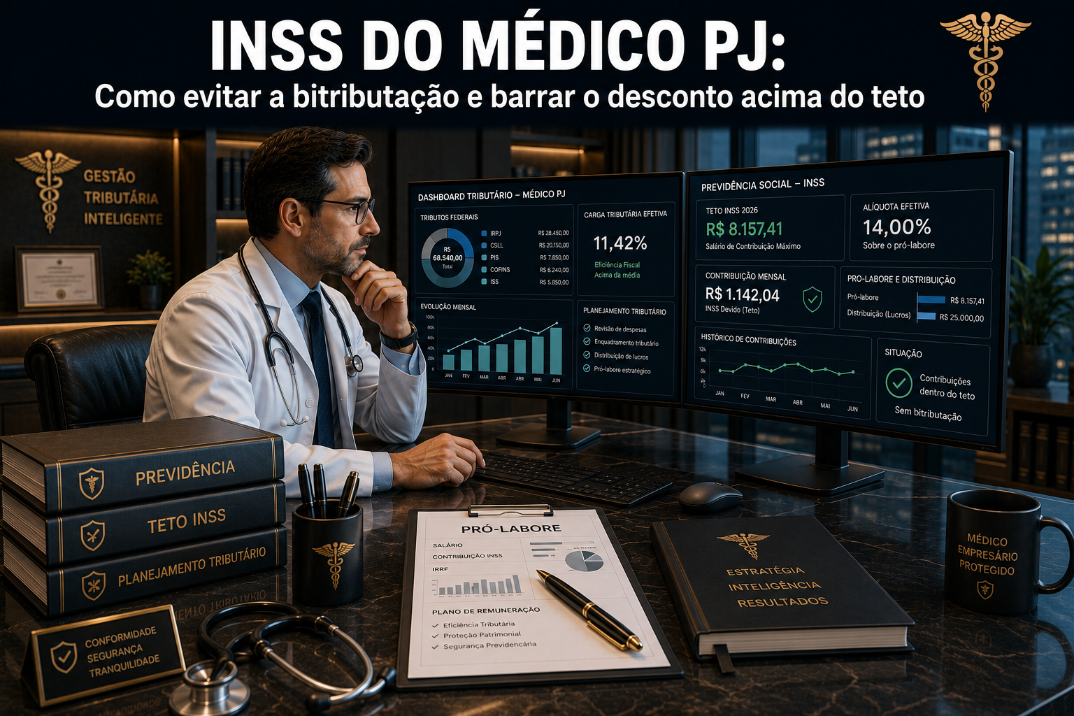 Médico analisando sua guia de recolhimento previdenciário (GPS/DARF) e o extrato de pró-labore de sua PJ médica na tela de um notebook corporativo.