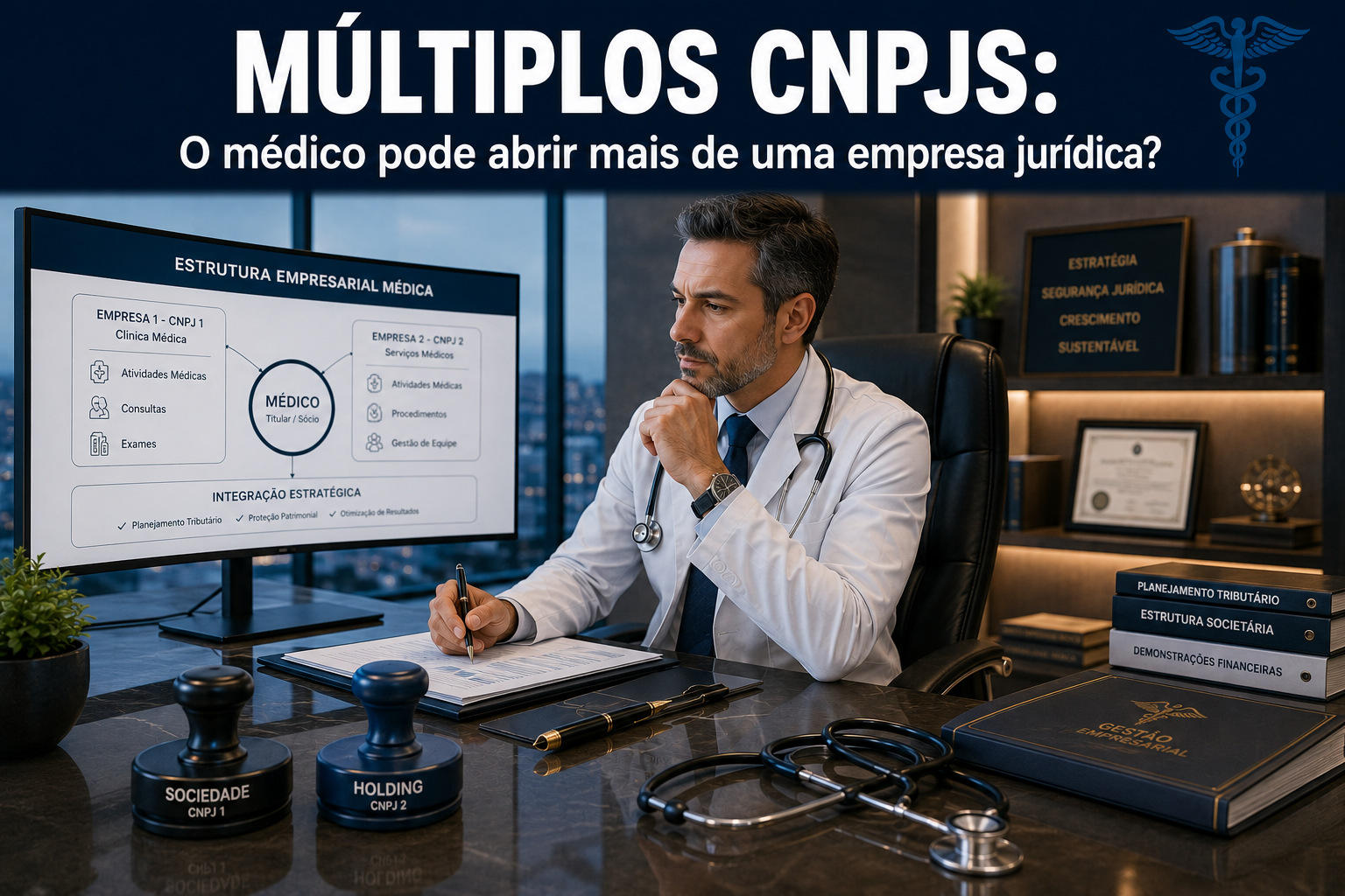 Médico em seu consultório analisando simultaneamente dois contratos de empresas médicas distintas em seu notebook corporativo.