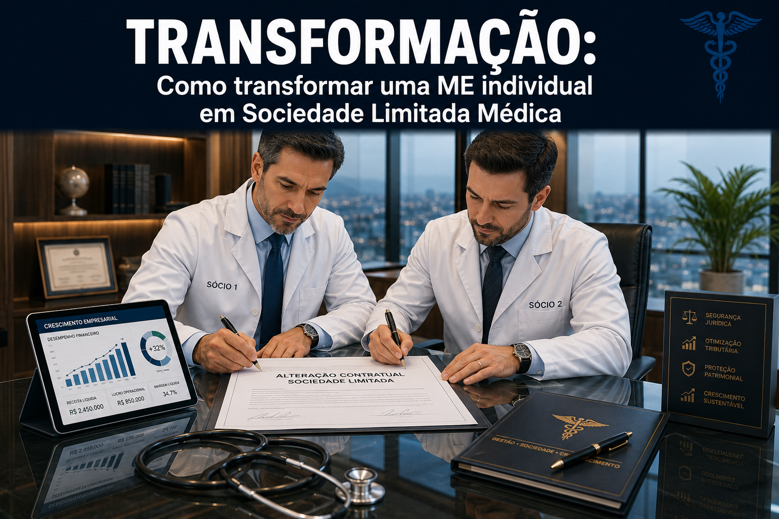 Dois médicos em uma sala de reuniões corporativa assinando a transição de contrato social para uma nova Sociedade Limitada Médica.
