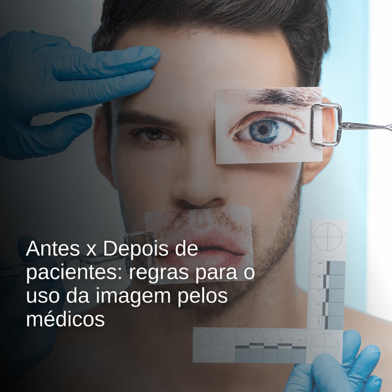 Médico em seu consultório analisando fotos de antes e depois de procedimentos na tela do tablet com termo de consentimento assinado.