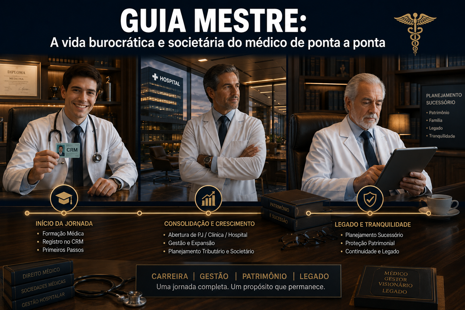 Linha do tempo conceitual e sofisticada mostrando a evolução da carreira de um médico, desde a colação de grau, passando pela gestão de clínicas de alto padrão, até o planejamento de sua holding familiar e aposentadoria.