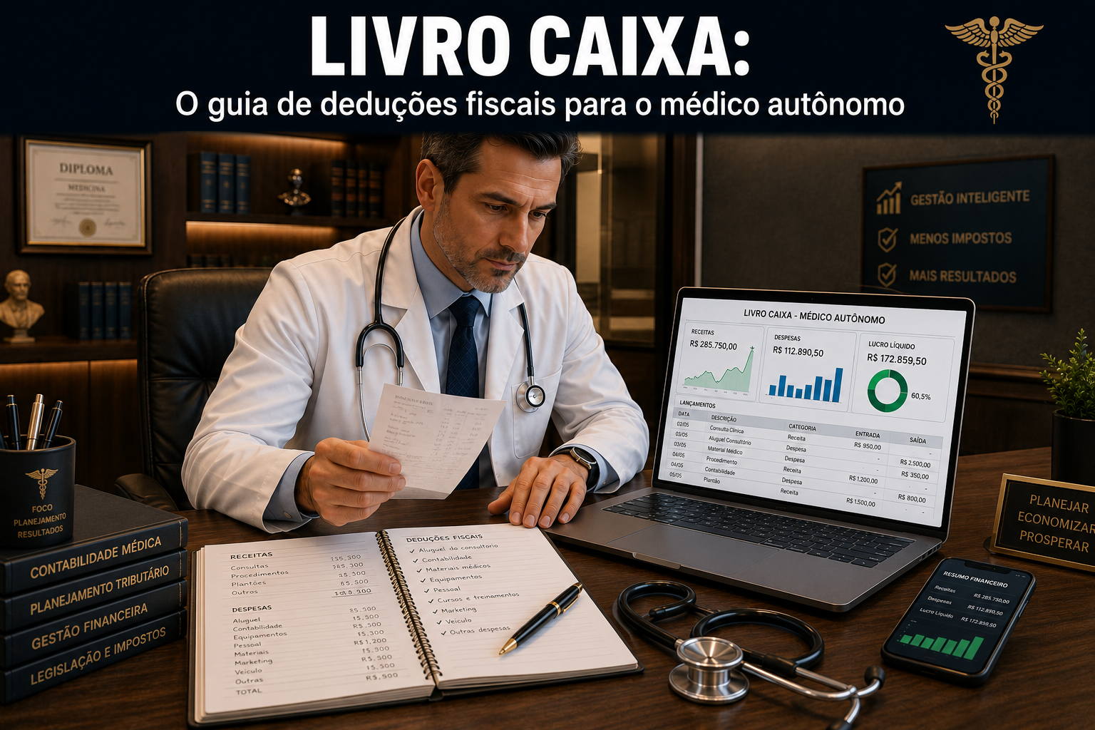 Médico em seu escritório organizando recibos, notas fiscais e lançamentos do livro caixa sobre a mesa ao lado de um estetoscópio.
