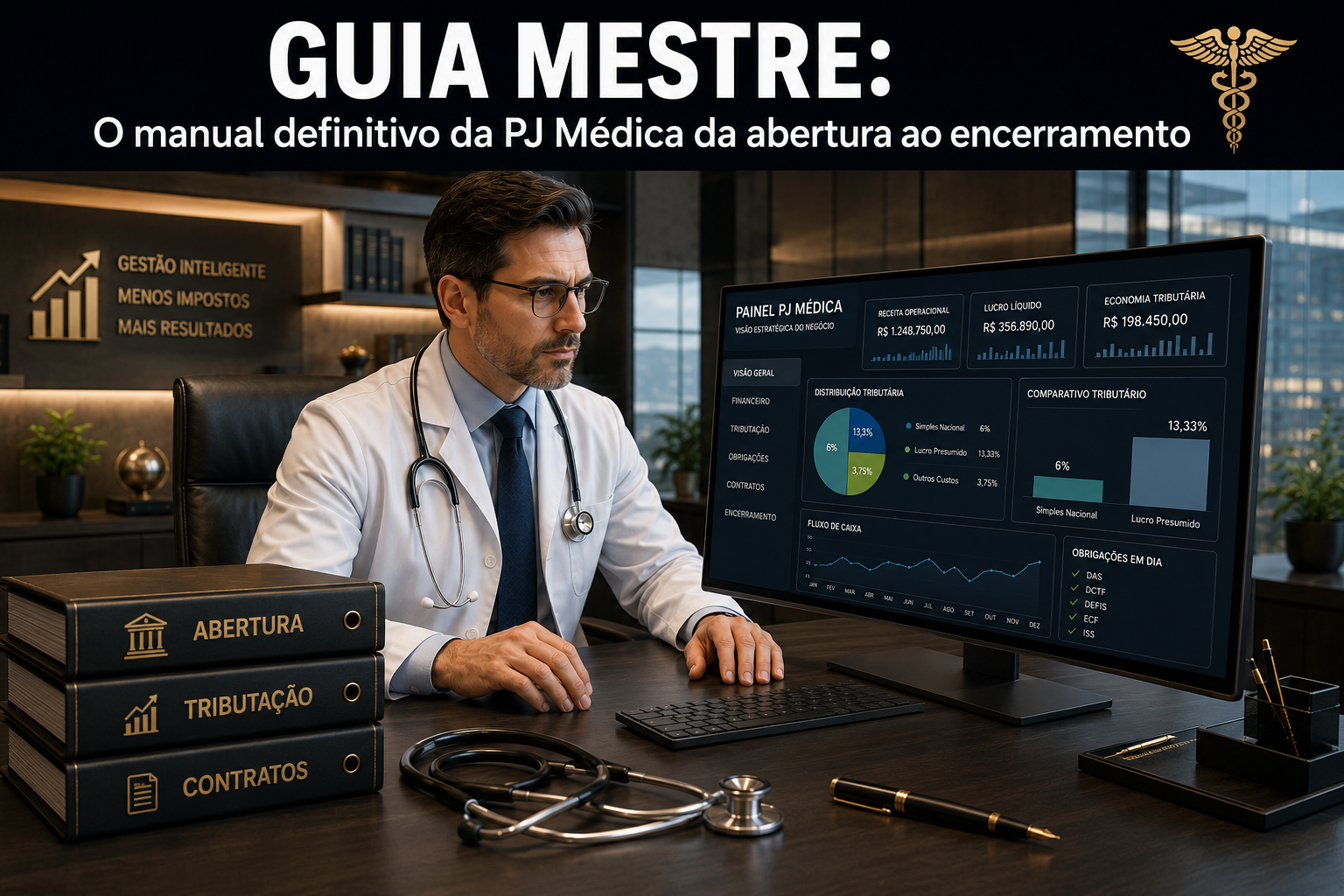 Médico em seu escritório corporativo revisando toda a documentação estrutural, contratos e relatórios fiscais de sua PJ médica sobre a mesa de vidro.