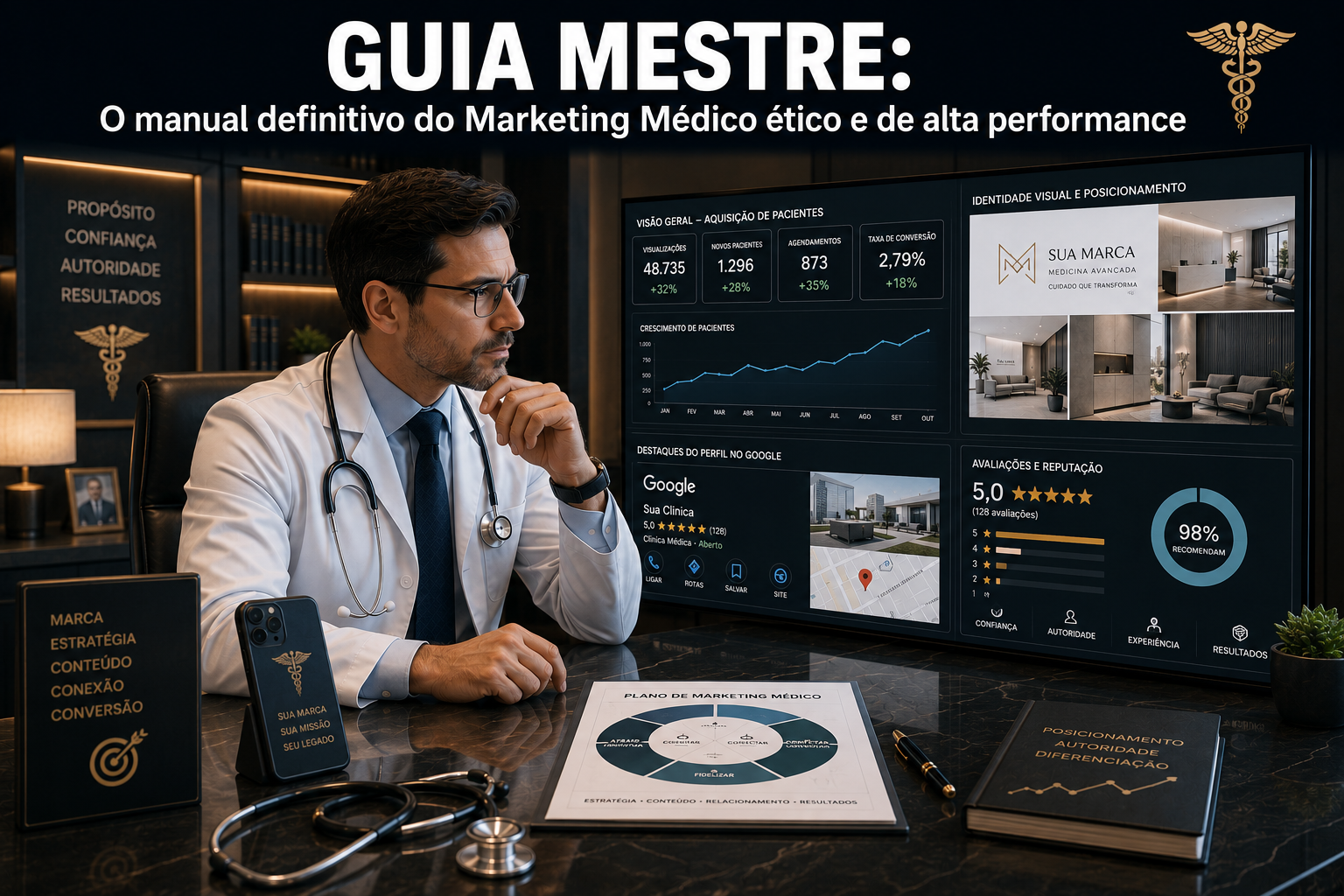 Médico de alto padrão em seu consultório analisando métricas éticas de atração de pacientes e estratégias de posicionamento digital no monitor.