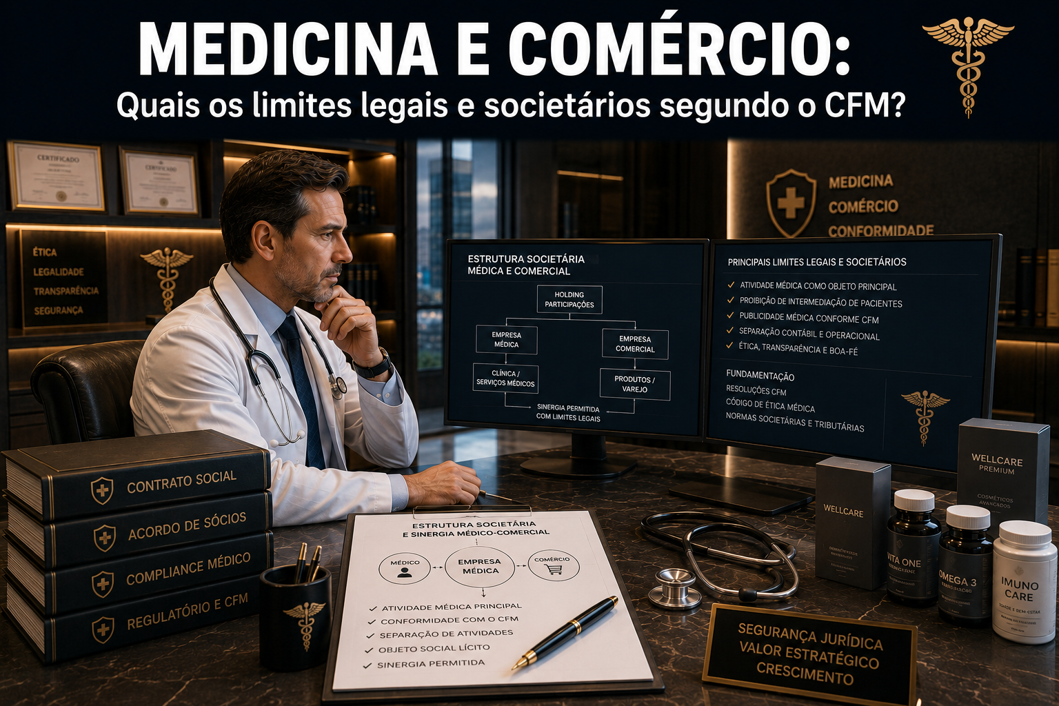 Médico em seu consultório analisando simultaneamente um contrato de prestação de serviços clínicos e uma estrutura de e-commerce de produtos de saúde em seu notebook.