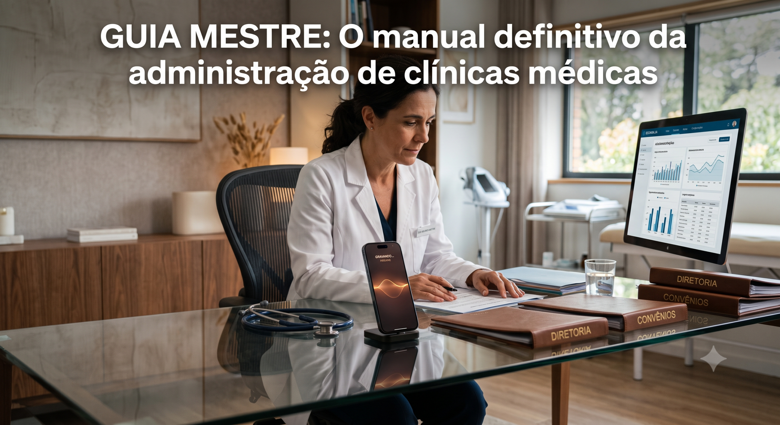 Médico gestor analisando painéis de escala, relatórios de conformidade do CRM e contratos de convênio na tela de um computador moderno em seu consultório.
