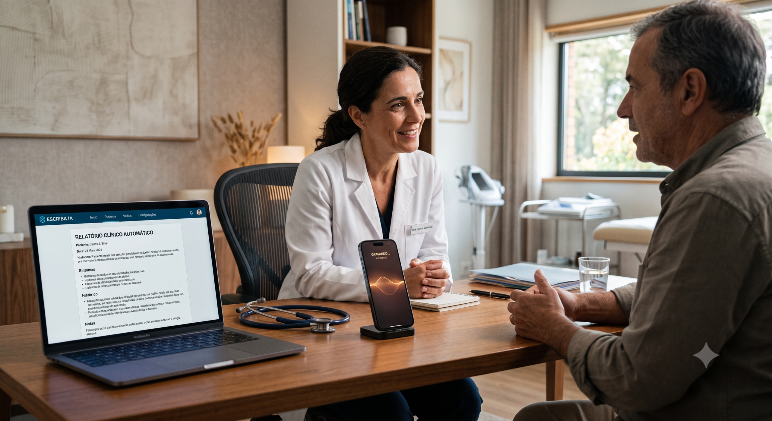 Médico conversando e olhando acolhedoramente para seu paciente no consultório, enquanto um smartphone sobre a mesa capta o áudio para transcrição automática por IA.