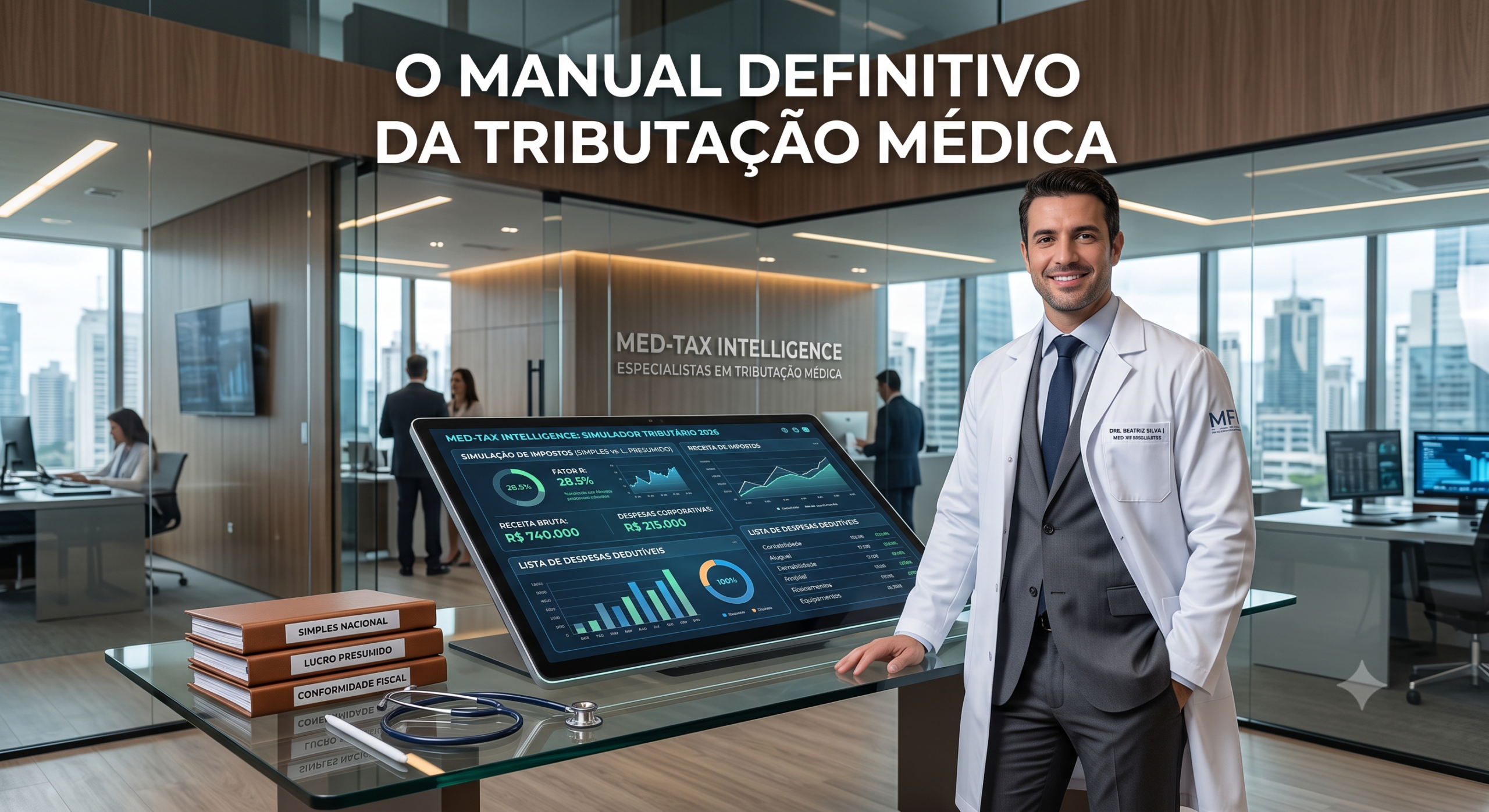 Médico em seu escritório analisando fluxos de caixa, guias tributárias de ISS, e tabelas comparativas entre Simples Nacional e Lucro Presumido em telas modernas.
