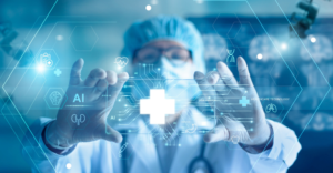 Guia Mestre de Inteligência Artificial na Medicina: médico em consultório tecnológico analisando ecossistema completo de algoritmos de diagnóstico, escribas digitais e gestão de PJ médica.