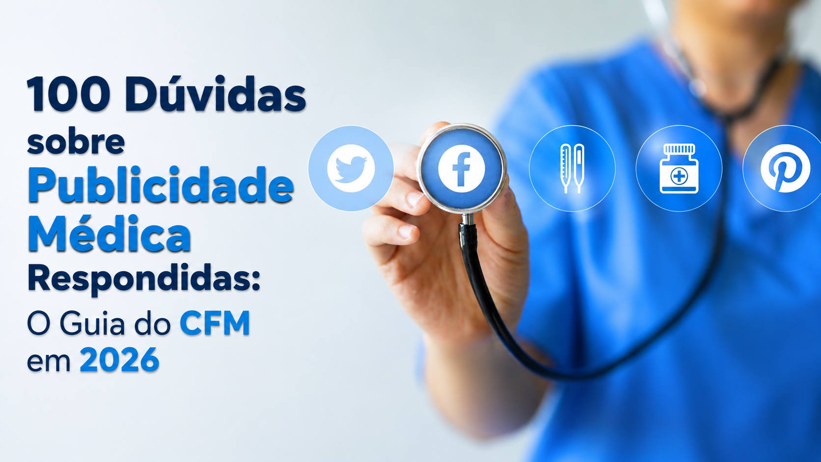 Guia definitivo com 100 dúvidas sobre publicidade médica e regras de marketing do CFM: médico analisando estratégias em tablet no consultório.