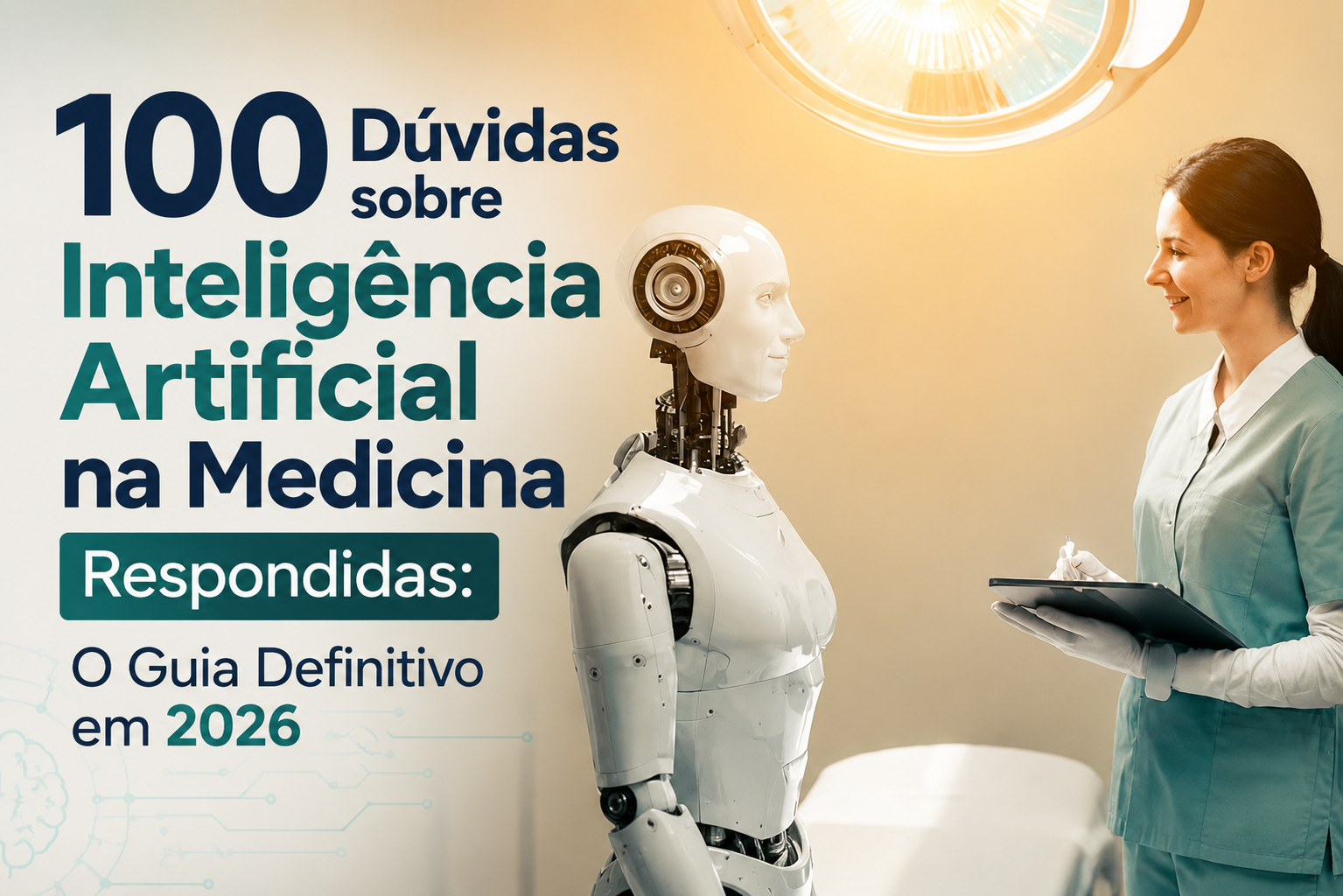 Guia com 100 dúvidas sobre inteligência artificial na medicina: médico em consultório moderno interagindo com telas de diagnósticos por IA e prontuário digital.