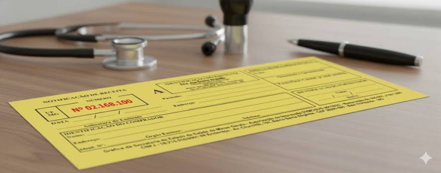 Receituário amarelo sobre uma mesa médica