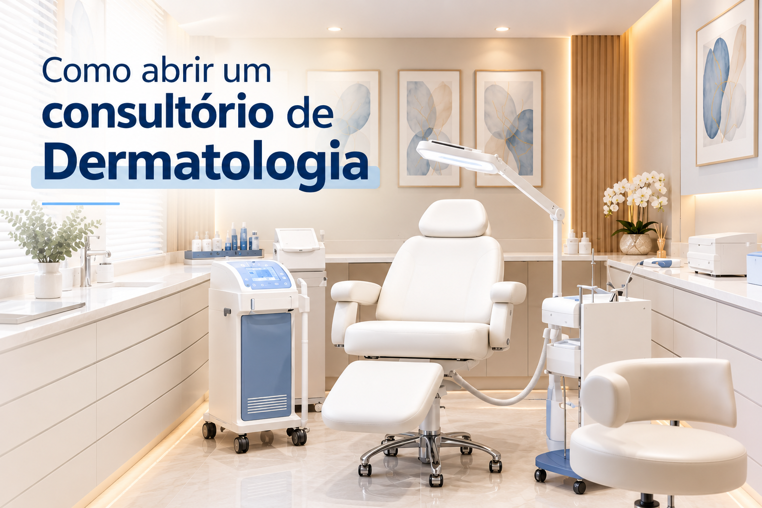 Médica dermatologista em consultório moderno planejado avaliando planta baixa e projeto sanitário em tablet com estetoscópio e dermatoscópio sobre a mesa.