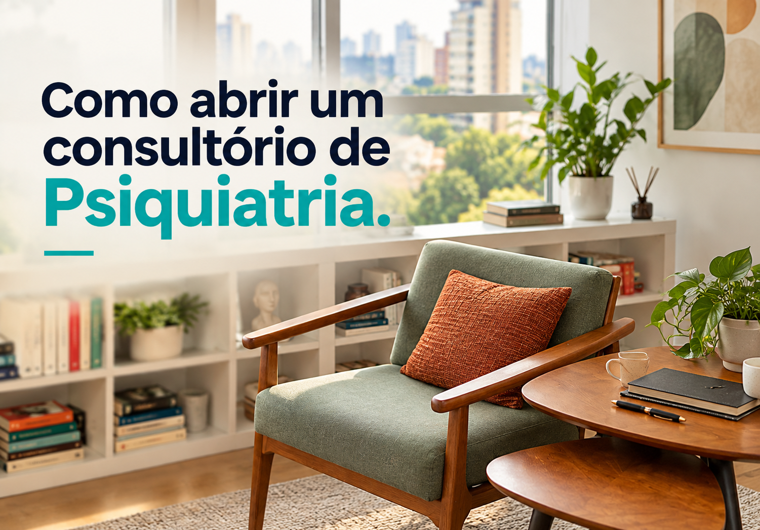 Médico psiquiatra em consultório planejado e acolhedor organizando prontuário digital e receituários de controle especial sobre a mesa.